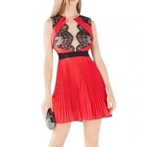 BCBGMAXAZRIA Rio Red Arianne Scalloped Edge Pleated Cocktail Dress $425